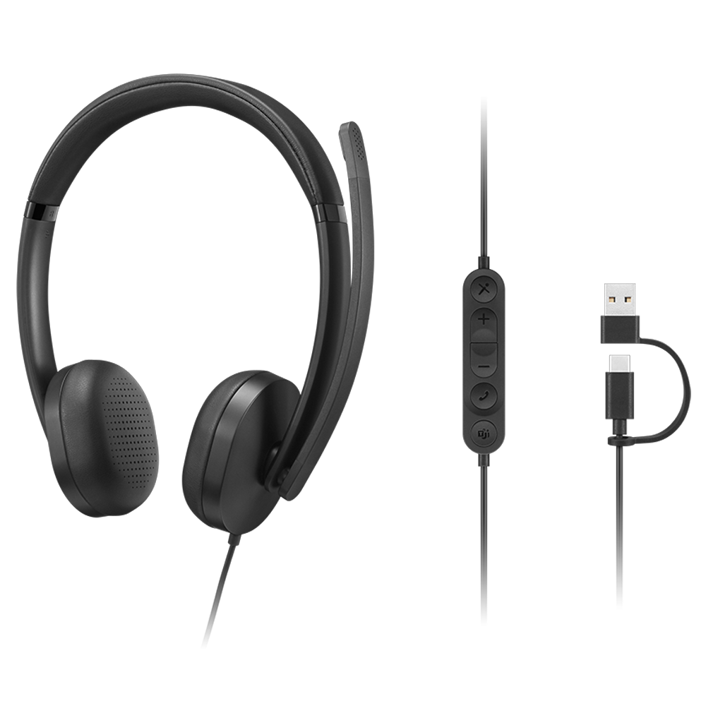 Detalle de los auriculares y el micr&oacute;fono con cancelaci&oacute;n de ruido del headset Lenovo
