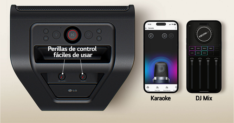A la izquierda, vista superior del xboom Stage 301 con perillas y botones. A la derecha, dos tel&eacute;fonos muestran la app xboom.