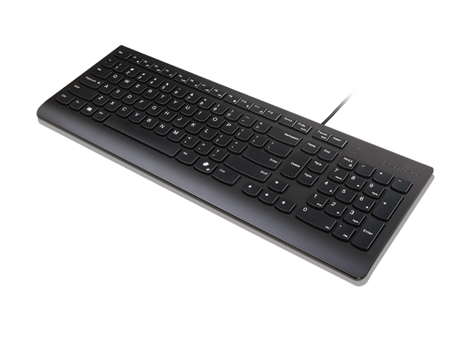 Detalle de perfil y patas de inclinaci&oacute;n del teclado Lenovo Essential