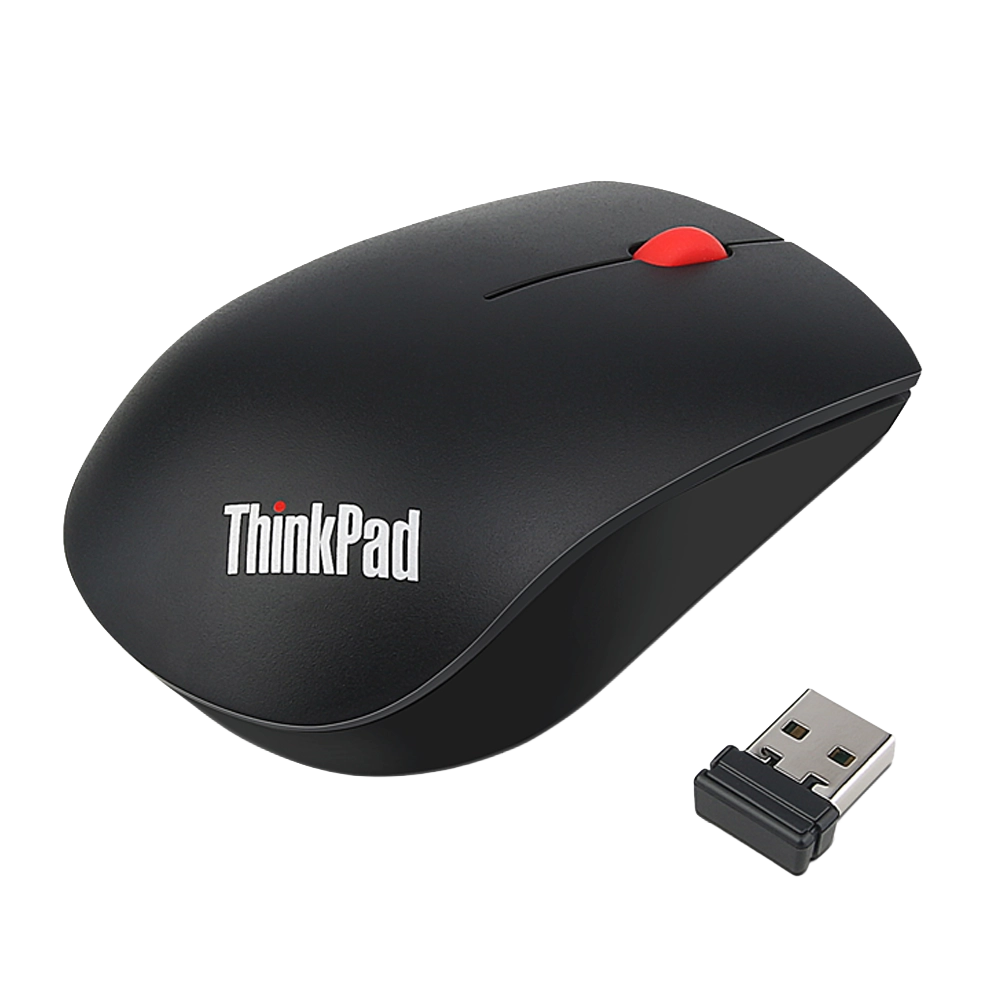 Vista lateral del mouse ThinkPad Essential resaltando su dise&ntilde;o ambidiestro