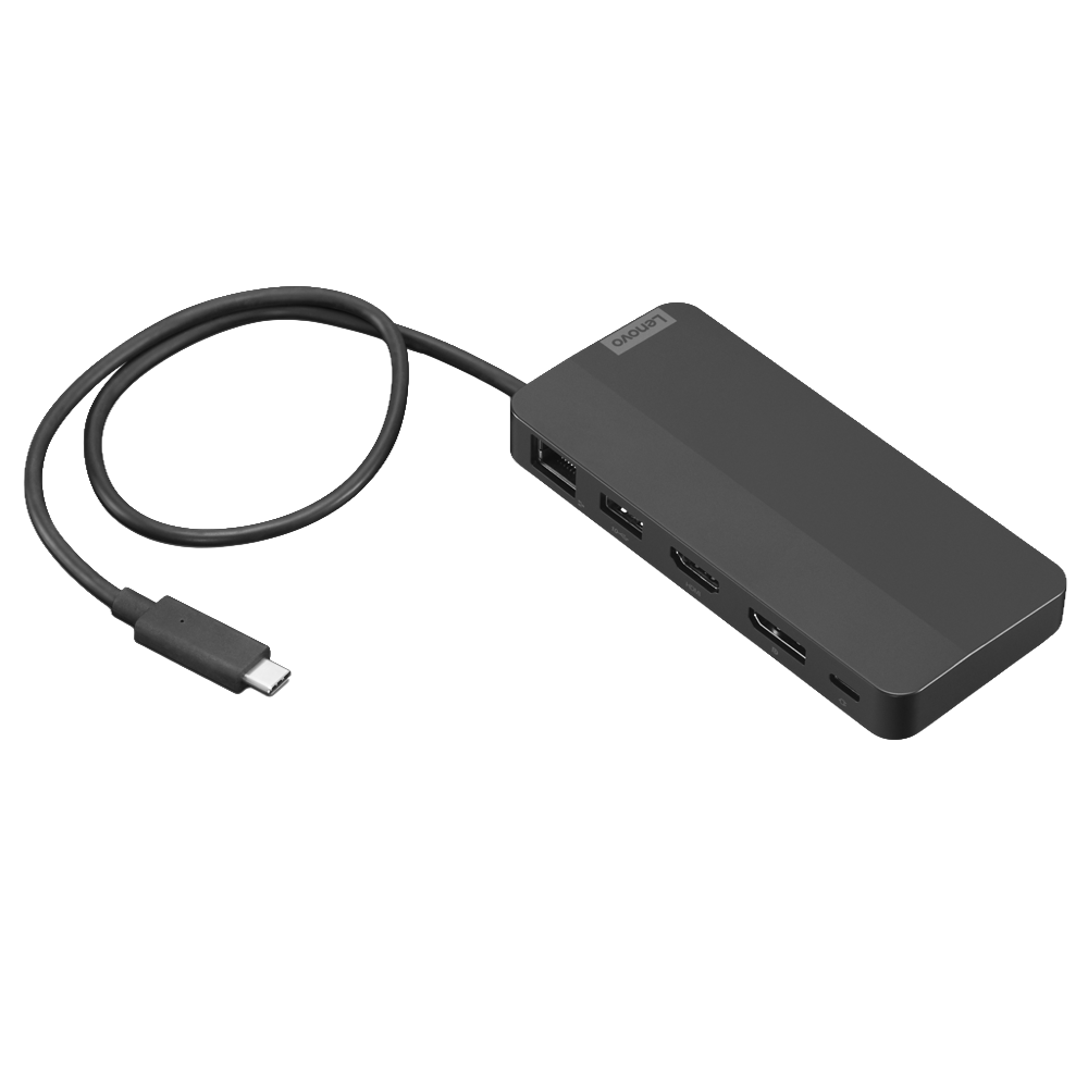 Vista inferior del dock Lenovo resaltando el cable USB-C integrado