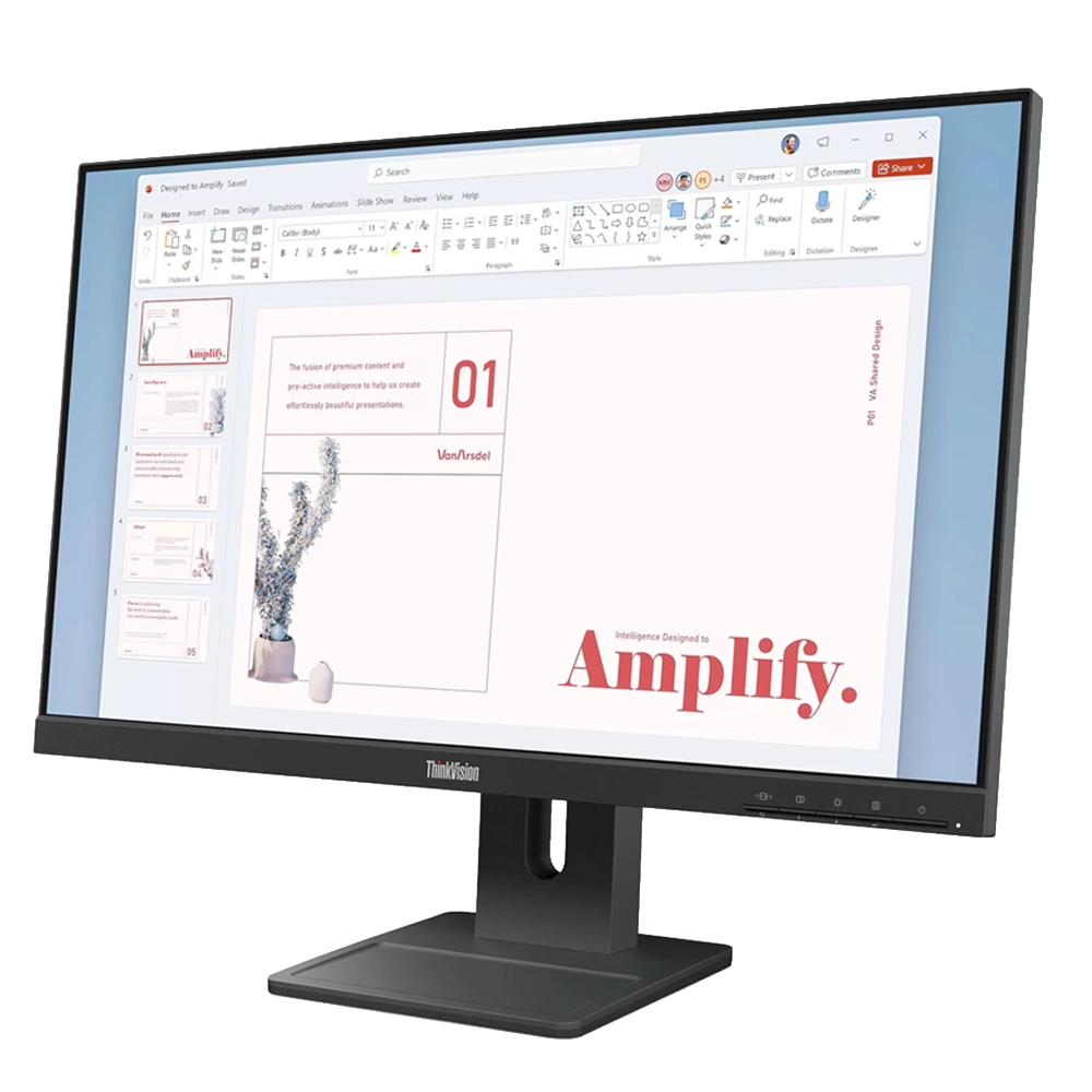 Vista lateral del monitor ThinkVision resaltando su soporte ajustable y dise&ntilde;o moderno