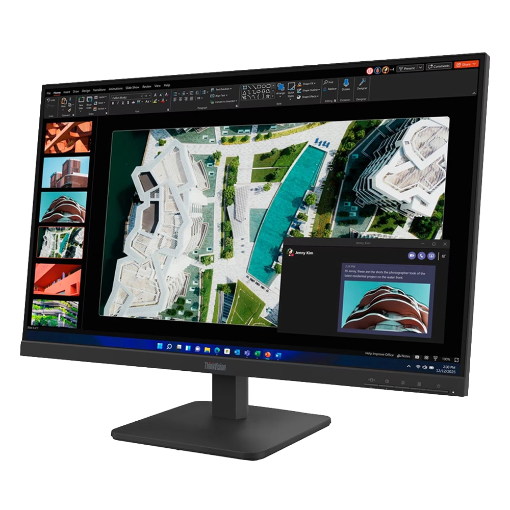 Vista lateral del monitor ThinkVision S27-4e resaltando su dise&ntilde;o delgado y soporte de inclinaci&oacute;n