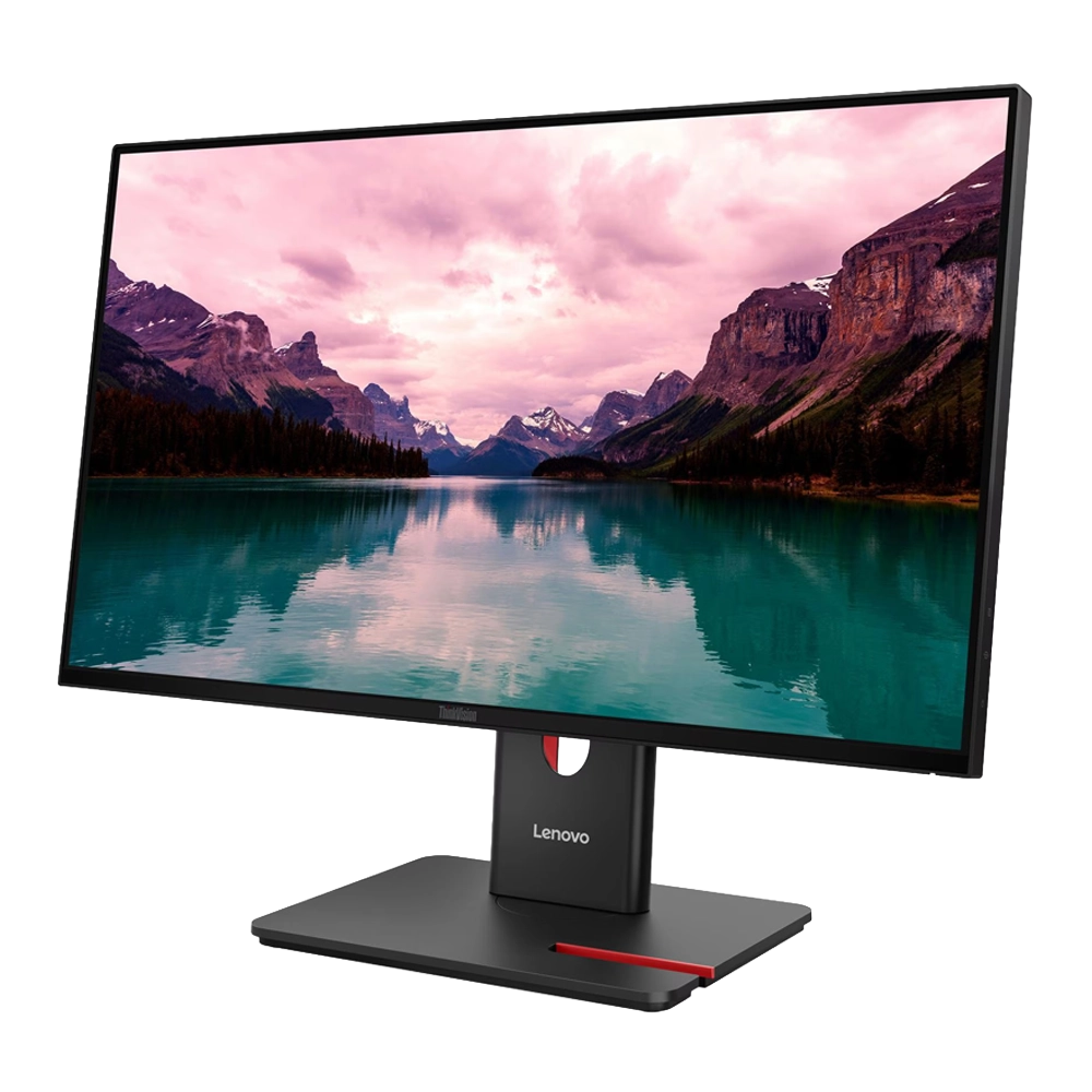 Vista del monitor ThinkVision resaltando su soporte ajustable y bordes delgados