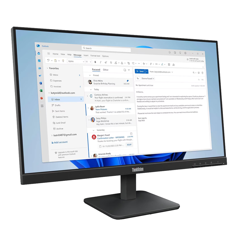 Vista lateral del monitor ThinkVision resaltando su dise&ntilde;o delgado y soporte ajustable
