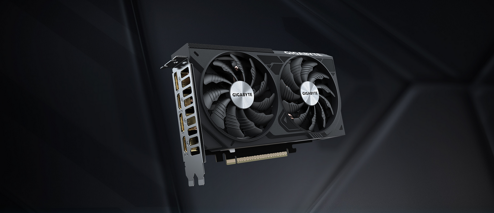 Tarjeta de video RTX 5050 vista frontal con sistema de refrigeraci&oacute;n de doble ventilador y dise&ntilde;o moderno para gaming y alto rendimiento