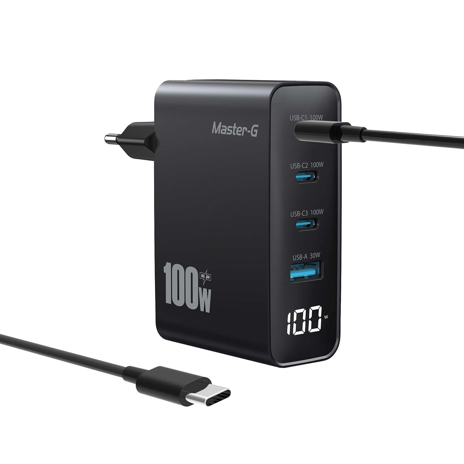 Cargador Master-G cargando laptop, tablet y smartphone simult&aacute;neamente