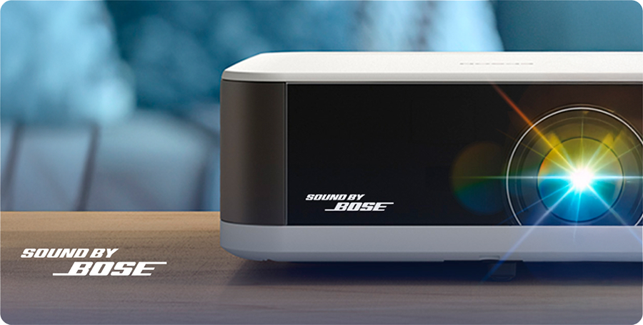 Vista frontal de proyector EPSON Lifestudio Pop Plus EF-61 destacando su excepcional calidad de sonido por tecnolog&iacute;a BOSE incorproada