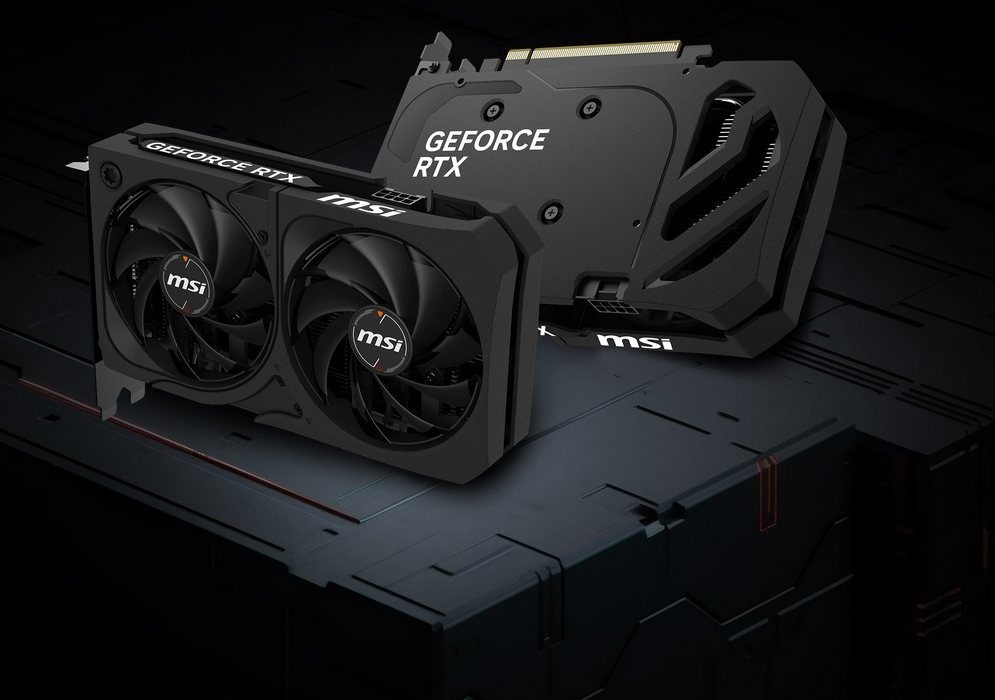 Vista frontal de la tarjeta de video MSI GeForce RTX 5050 SHADOW 2X OC con su sistema de doble ventilador