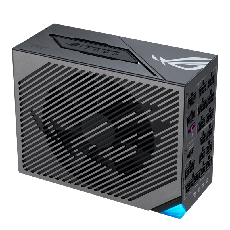 Detalle del ventilador y bot&oacute;n 0dB de la fuente ROG THOR