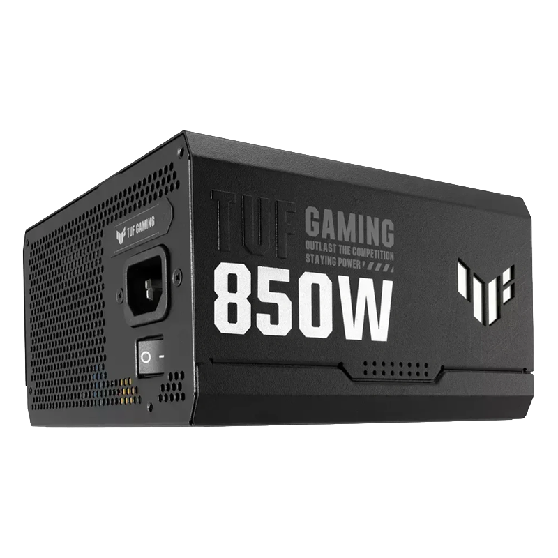 Vista lateral de la fuente TUF Gaming resaltando su dise&ntilde;o ATX