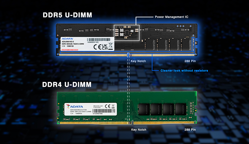 Vista posterior del m&oacute;dulo de memoria RAM ADATA DDR5, mostrando las pistas del circuito impreso y la superficie limpia del reverso de la placa negra comparada con una tarjeta DDR4 color verde