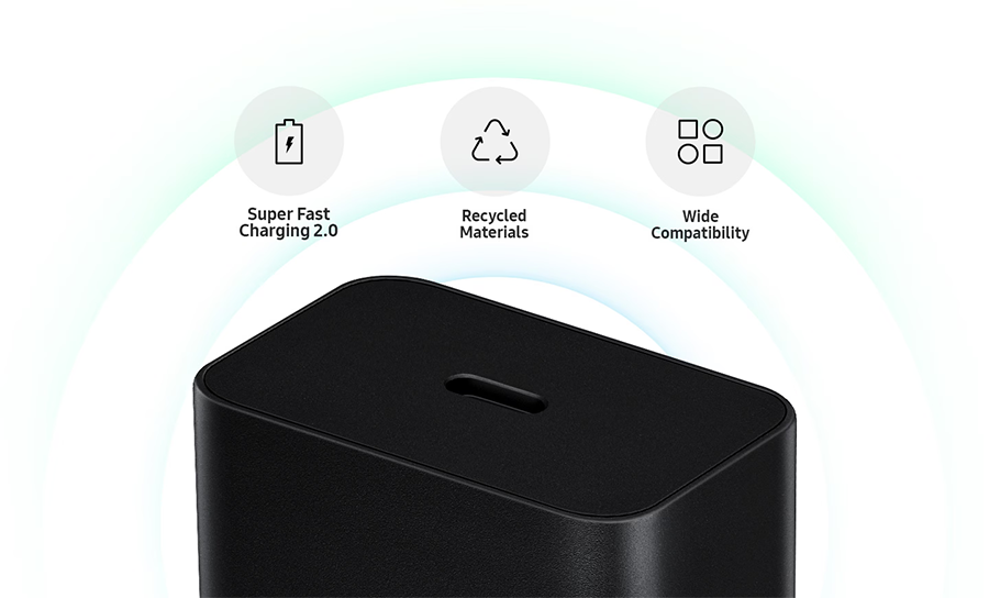 Adaptador Samsung EP-T4511XBEGCH cuenta con funciones de carga s&uacute;per r&aacute;pida 2.0, amplia compatibilidad y est&aacute; hecho de materiales reciclados