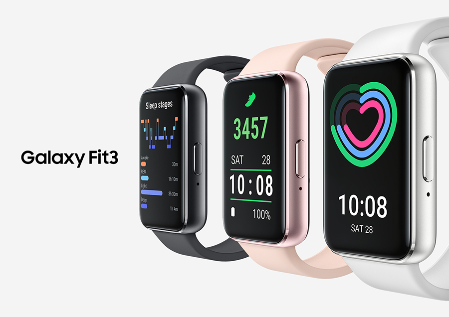 Vista frontal de Samsung Galaxy Fit 3 en colores Negro, Dorado y Blanco lado a lado sobre fondo blanco