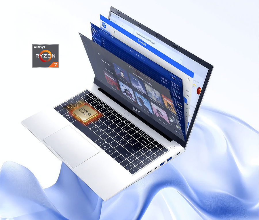 Vista frontal del Notebook Acer Aspire Lite Ryzen 7 destacando su procesador AMD