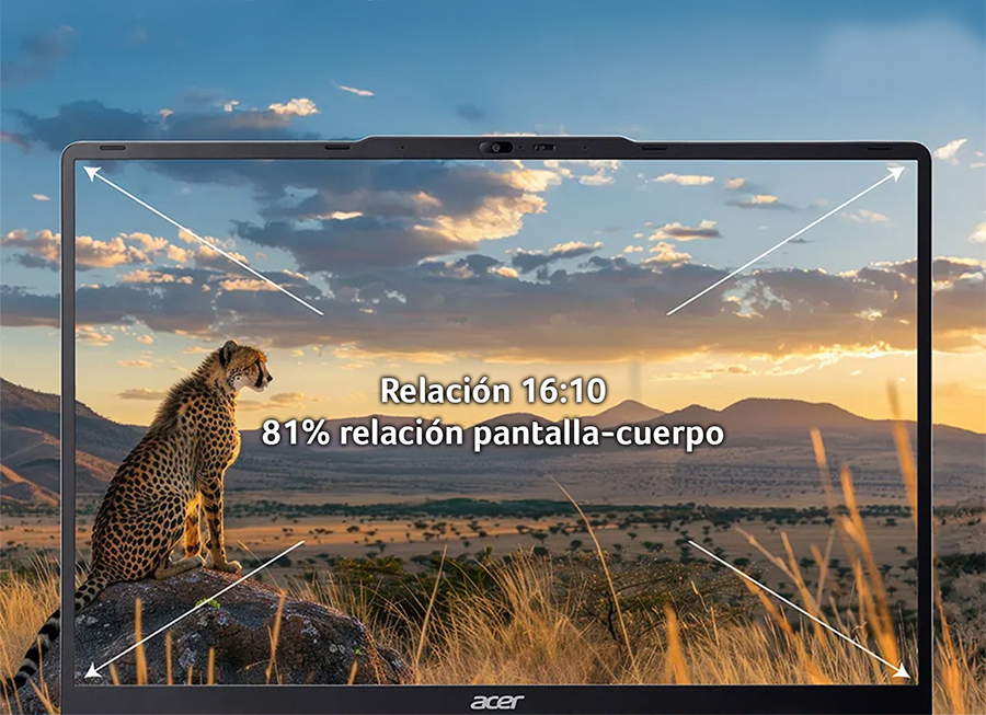 Vista frontal de la pantalla del Notebook Acer Aspire Lite 16 haciendo enf&aacute;sis en su relaci&oacute;n 16:10 y relaci&oacute;n pantalla-cuerpo de 81%