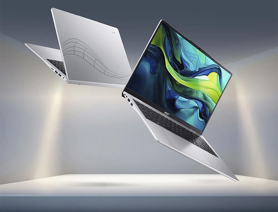 Vista frontal y posterior de Notebook Acer Aspire Lite 16 destacando su dise&ntilde;ado de ondas en tapa y su liviano y delgado dise&ntilde;o