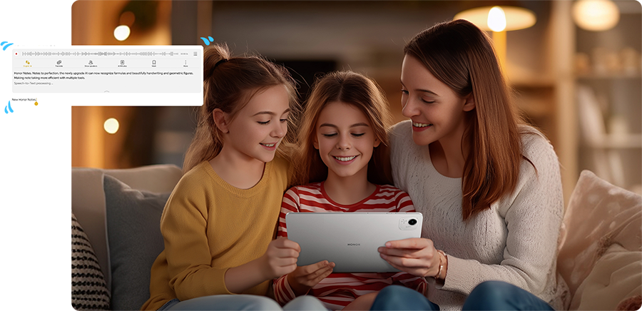 Familia utilizando HONOR PAD X9a 11.5in para convertir conversaci&oacute;n en notas de texto con su funci&oacute;n de asistencia con Inteligencia Artificial