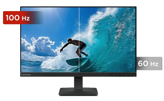 Vista frontal del monitor Lenovo L24-4e con la pantalla encendida mostrando un fondo abstracto azul. El dise&ntilde;o destaca por tener bordes ultra delgados en tres de sus lados y una base met&aacute;lica minimalista en forma de cu&ntilde;a.