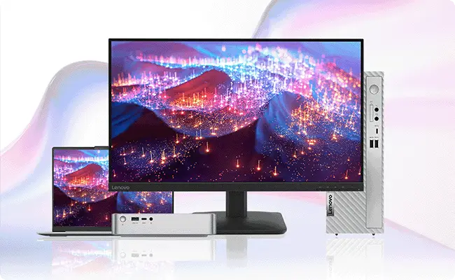 El monitor Lenovo acompa&ntilde;ado de distintos dispositivos como mini pc, pc y laptop demostrando su amplia compatibilidad y versatilidad de uso