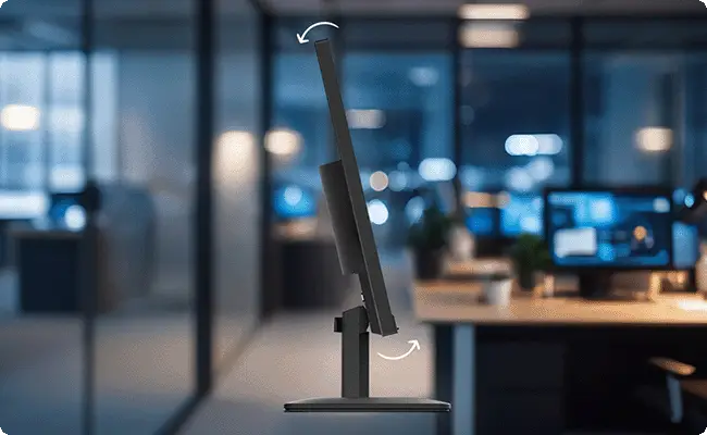 Vista de perfil lateral que muestra el dise&ntilde;o ultra delgado de la pantalla y el soporte con ajuste de inclinaci&oacute;n. La base incluye una peque&ntilde;a ranura dise&ntilde;ada para organizar cables o apoyar un smartphone.