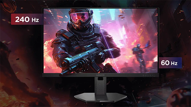     Vista posterior completa del monitor de color negro con est&eacute;tica gamer. Se observa el logotipo de Legion, el soporte central ajustable y una rejilla de ventilaci&oacute;n con patr&oacute;n de puntos en la parte superior.