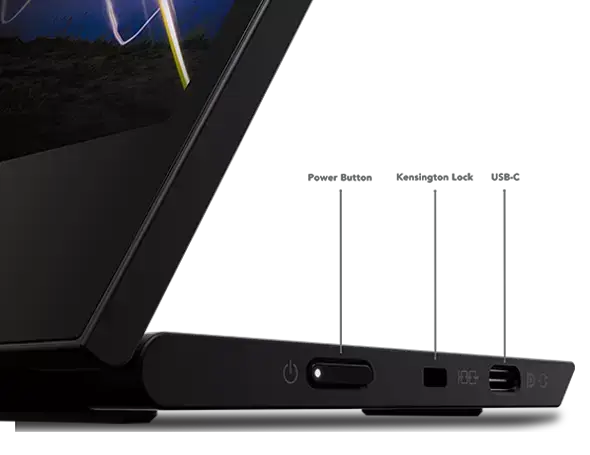 Detalle de puertos de conexi&oacute;n incorporados en monitor Lenovo Thinkvision M15 demostrando su amplia compatibilidad con dispositivos