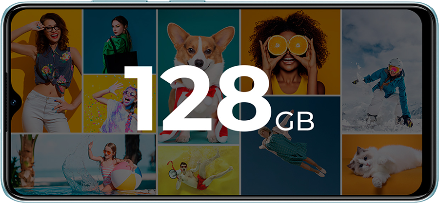 Vista frontal horizontal del Celular ZTE A73 5G destacando su gran almacenamiento de 128GB