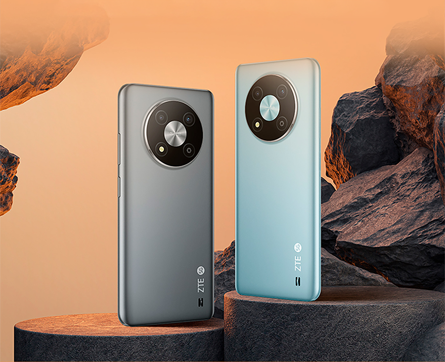 Vista frontal de Celular ZTE A73 5G en color gris y azul lado a lado