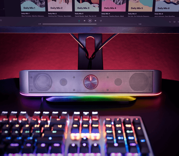 VIsta detalle de parlante GXT 619 THORNE destacando su iluminaci&oacute;n RGB moderna
