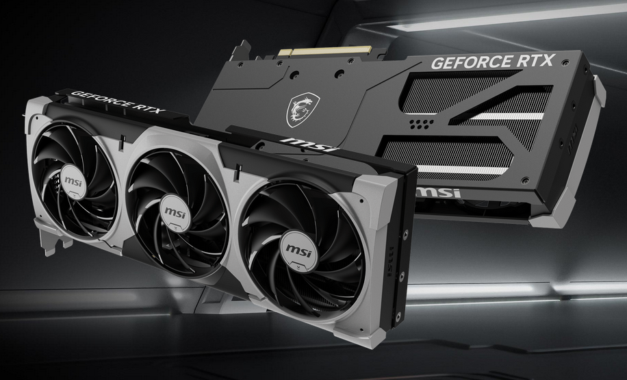 Vista frontal de la tarjeta gr&aacute;fica MSI GeForce RTX 5070 Ventus 3X OC con dise&ntilde;o de triple ventilador