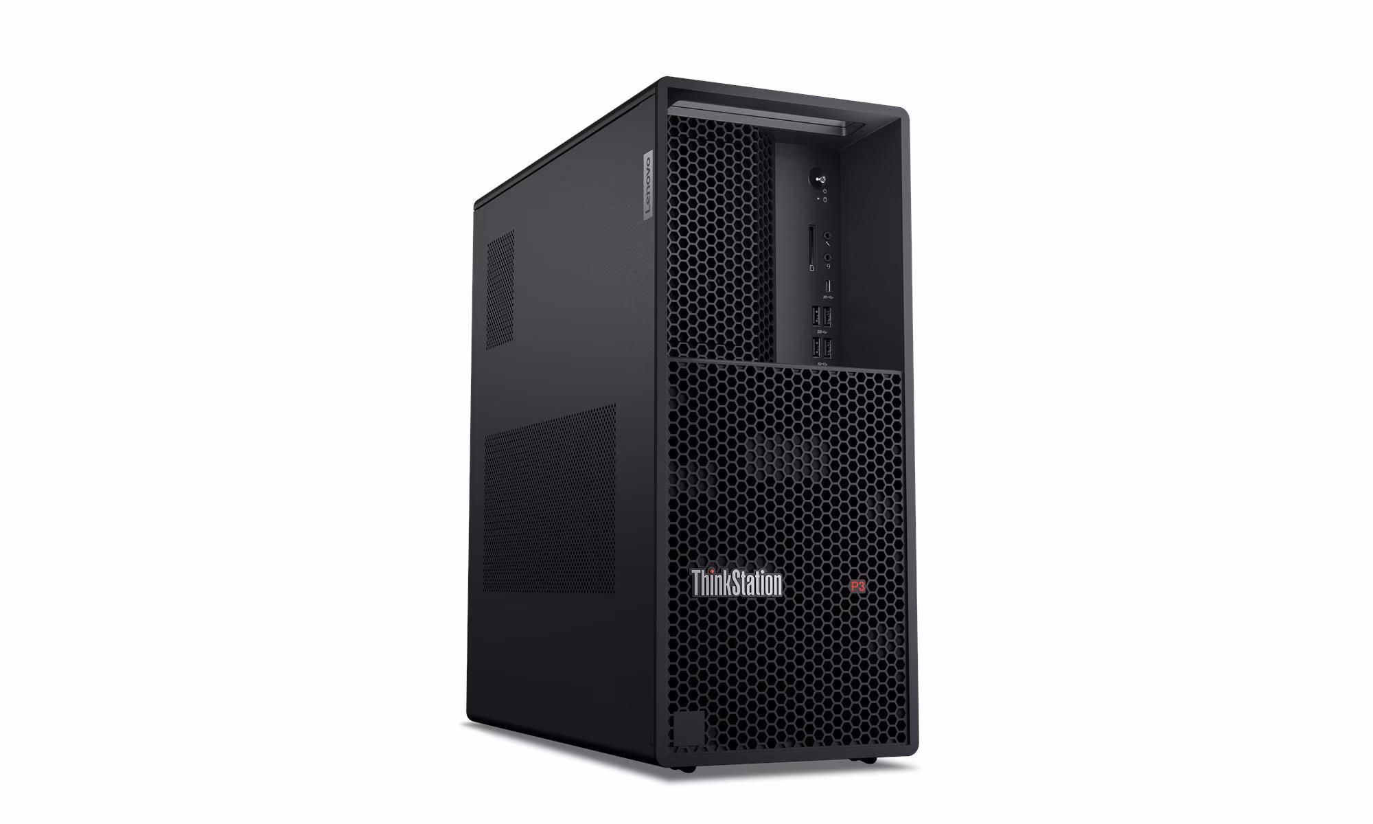 Vista frontal de la ThinkStation P3 Tower Gen 2 mostrando su dise&ntilde;o robusto