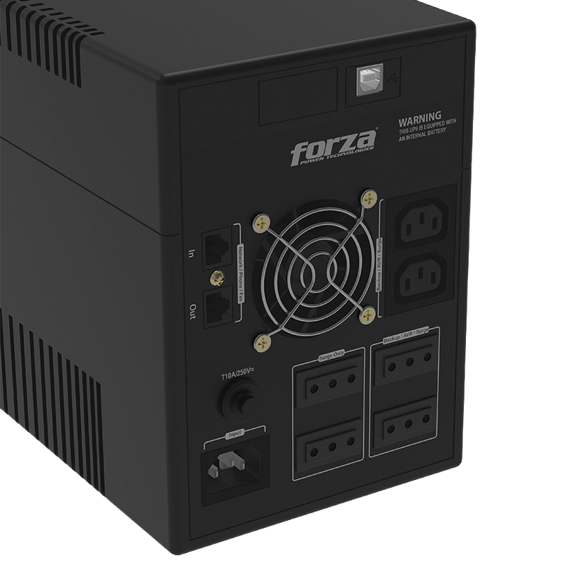 Vista posterior del UPS Forza NT-2402PRO-C mostrando tomas de corriente y puertos RJ-45/11