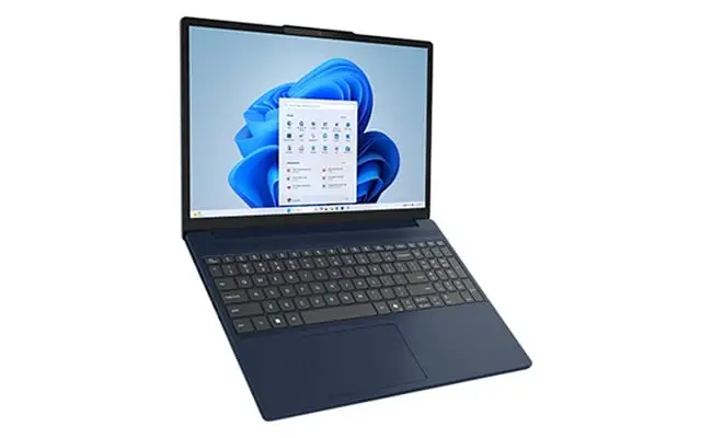 Vista de notebook Ideapad Slim 3 abierto destacando su dise&ntilde;o compacto y liviano que te acompa&ntilde;a a todas partes