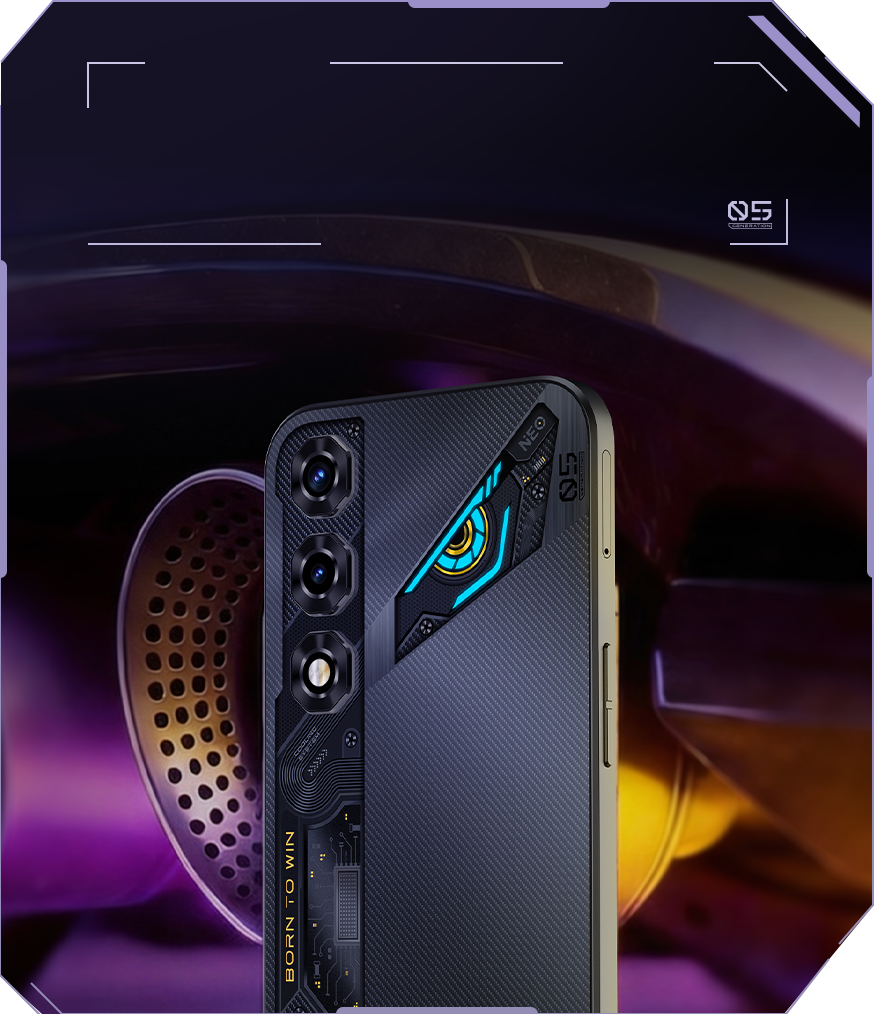 Primer plano de la pantalla mostrando la interfaz de usuario personalizada de Nubia, con iconos de estilo tecnol&oacute;gico y colores a juego con el hardware.