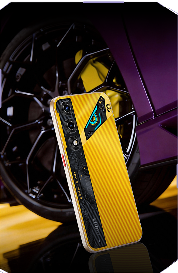 Vista lateral derecha del smartphone que muestra los botones de control de volumen y el bot&oacute;n de encendido que integra el lector de huellas dactilares. El perfil es delgado y mantiene el color amarillo del dise&ntilde;o.