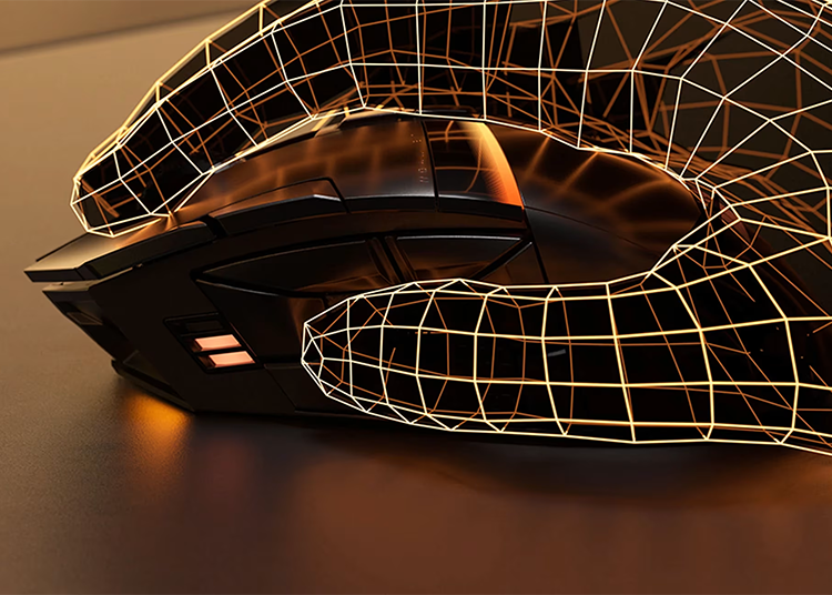 Vista en perspectiva de tres cuartos que muestra la parte frontal y el lateral izquierdo del mouse. Se aprecia una disposici&oacute;n circular &uacute;nica de seis botones programables rodeando un agarre de goma texturizado para el pulgar, adem&aacute;s de zonas con iluminaci&oacute;n RGB.