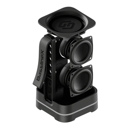 Vista explosionada de parlante Bassline X Mini destacando sus altavoces para hasta 20W de potencia de sonido