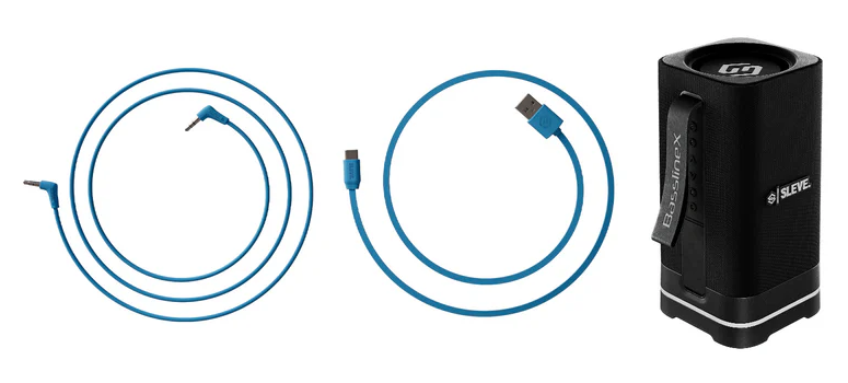 VIsta del contenido del empaque: Parlante Bassline X Mini, Cable auxiliar 3.5mm, Cable cargador tipo USB-C