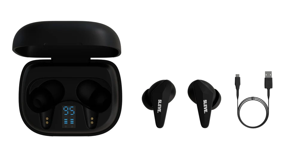 Vista de contenidos del empaque: Audifonos inal&aacute;mbricos X Pods, estuche de carga, cargador USB Tipo C y almohadillas de silicona (S, M y L)