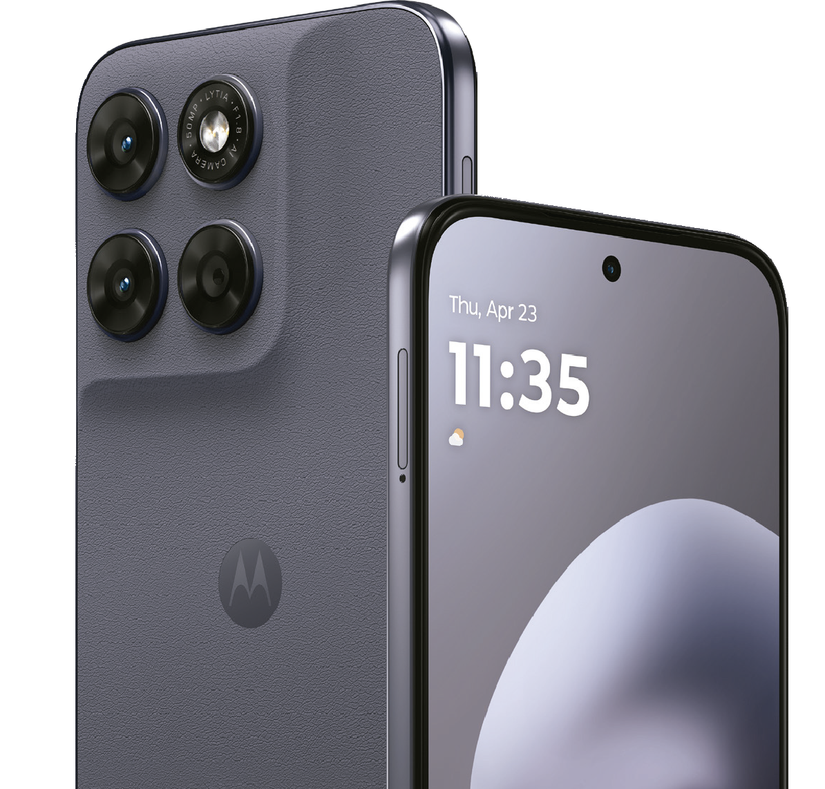 Vista frontal y posterior de smartphone Moto G67 en color gris