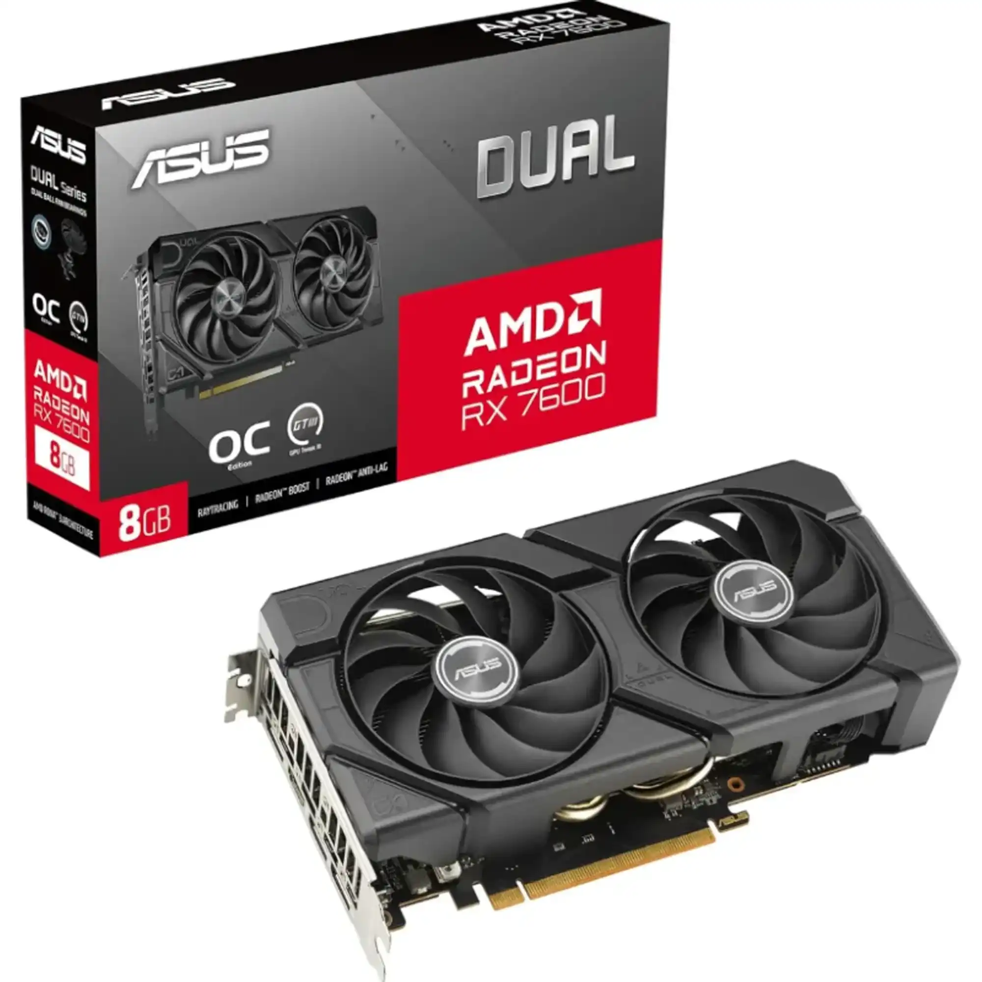 Vista frontal de la tarjeta de video Asus Dual Radeon RX 7600 EVO