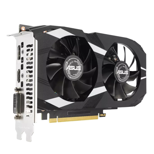 Vista frontal de la tarjeta de video Asus Dual GeForce RTX 3050 con dos ventiladores