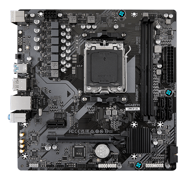 Panel trasero de placa madre AMD con puertos USB, red LAN y salidas de video integradas