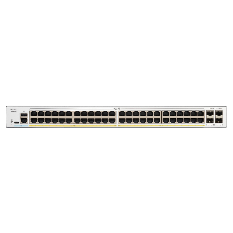 Vista frontal de los puertos y enlaces ascendentes del switch Cisco Catalyst 1300