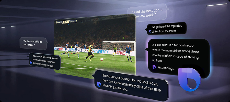 Imagen simulada de funcionamiento de Samsung Vision AI Companion para explicar un partido de f&uacute;tbol