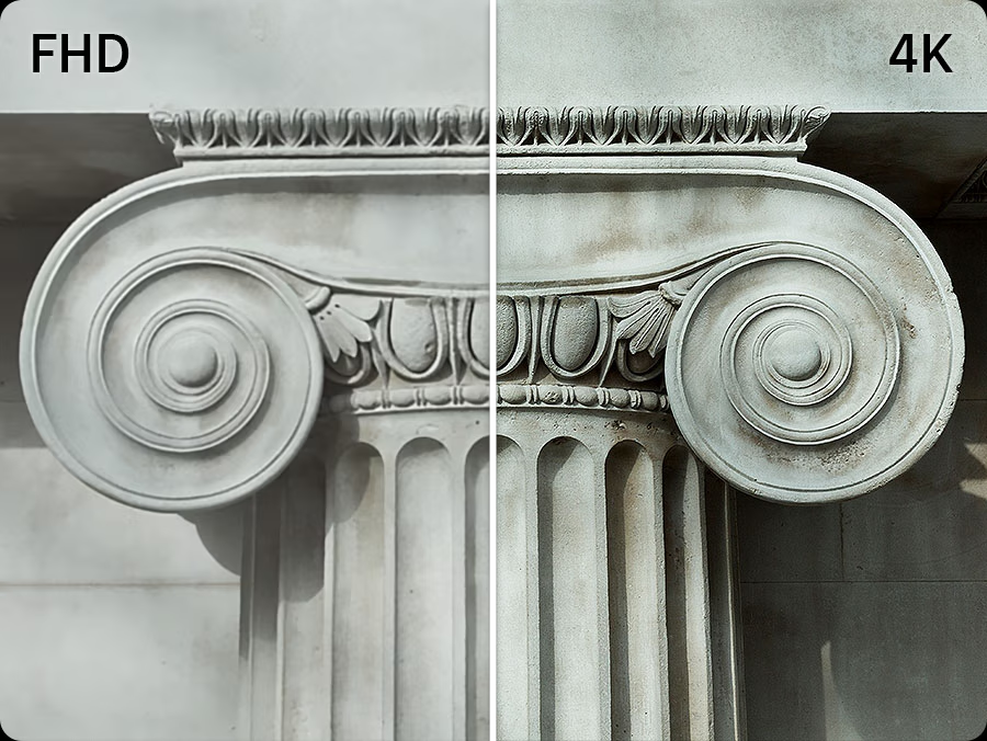 Imagen simulada dividida comparando la calidad de imagen de Full HD versus calidad superior de 4K