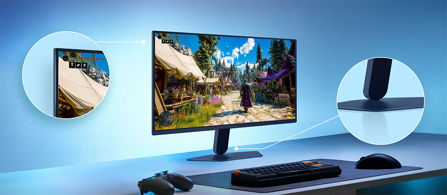 Vista de monitor LG UltraGear G4 25in sobre escritorio