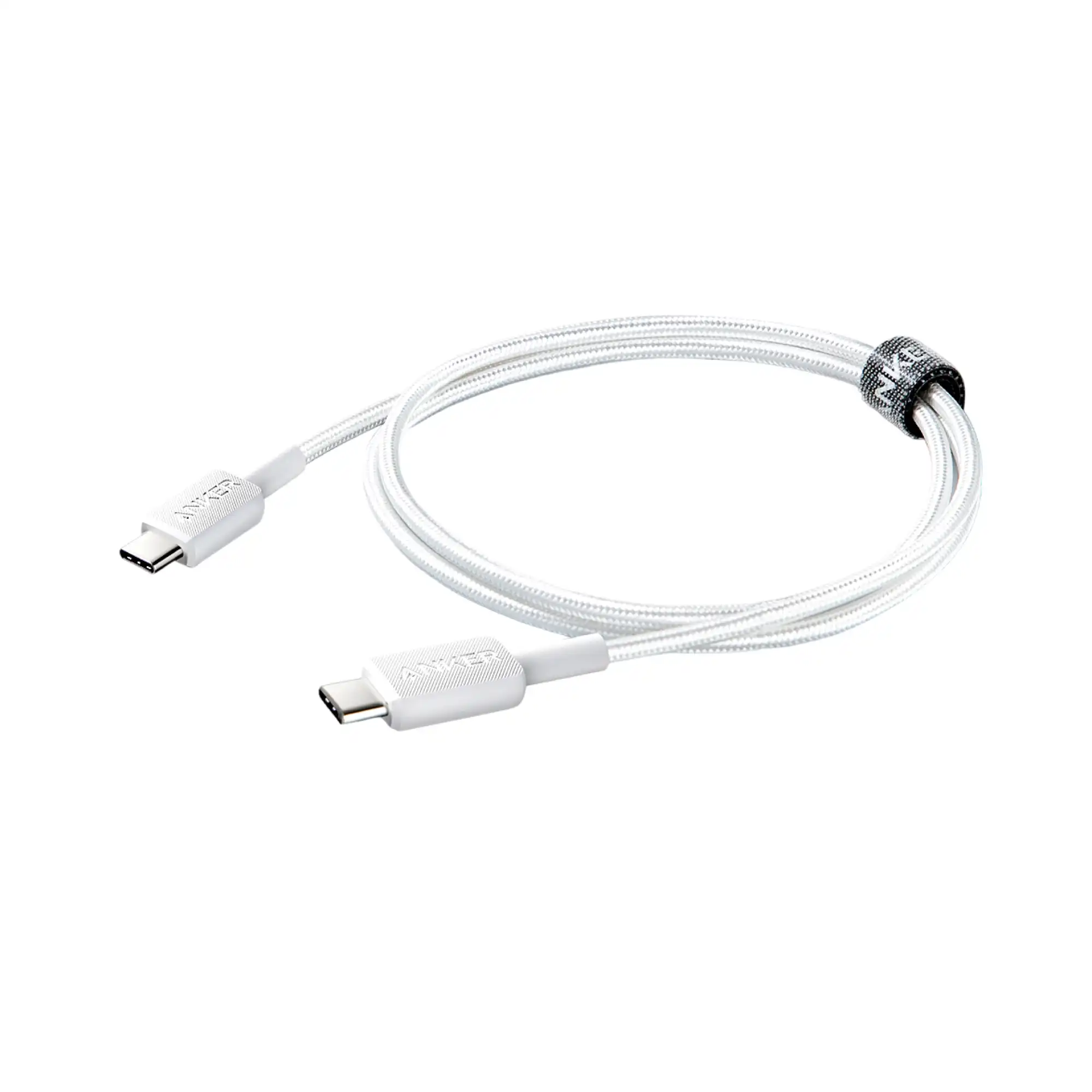 Primer plano de los conectores USB-C reforzados del cable Anker blanco