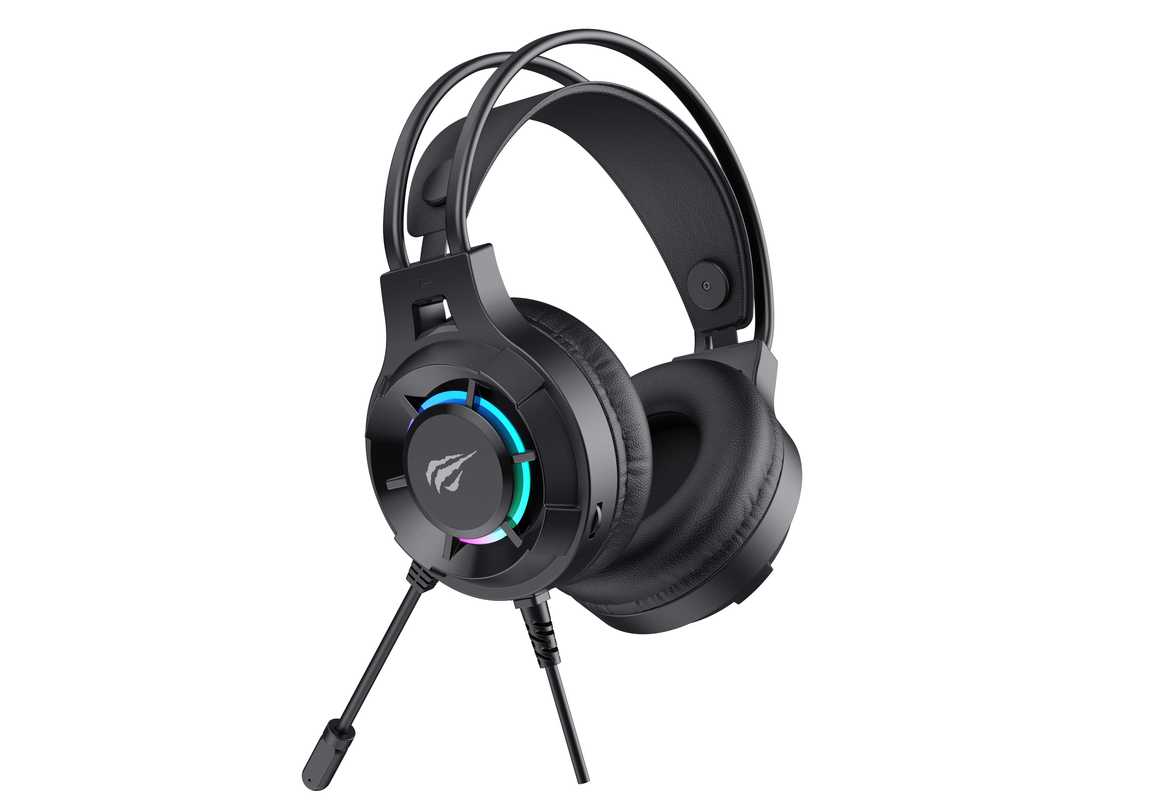 Vista frontal de los aud&iacute;fonos gamer Havit H2049D con iluminaci&oacute;n RGB activa